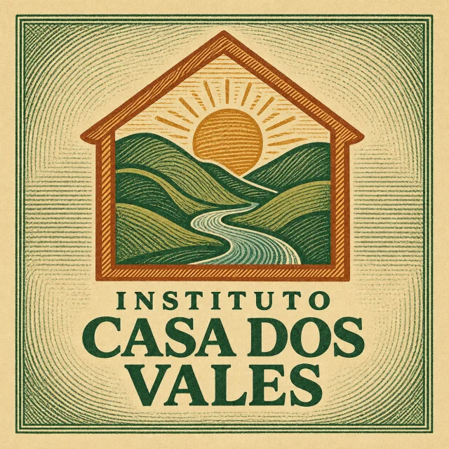 Logomarca do Instituto Casa dos Vales: uma casa que se abre para serras, um rio e o sol nascente